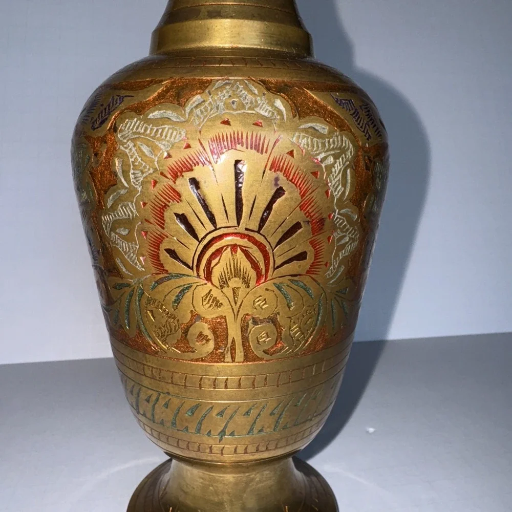 VTG Penco Industries Brass Etched Enamel Bud Vase India Gold Floral 9.5